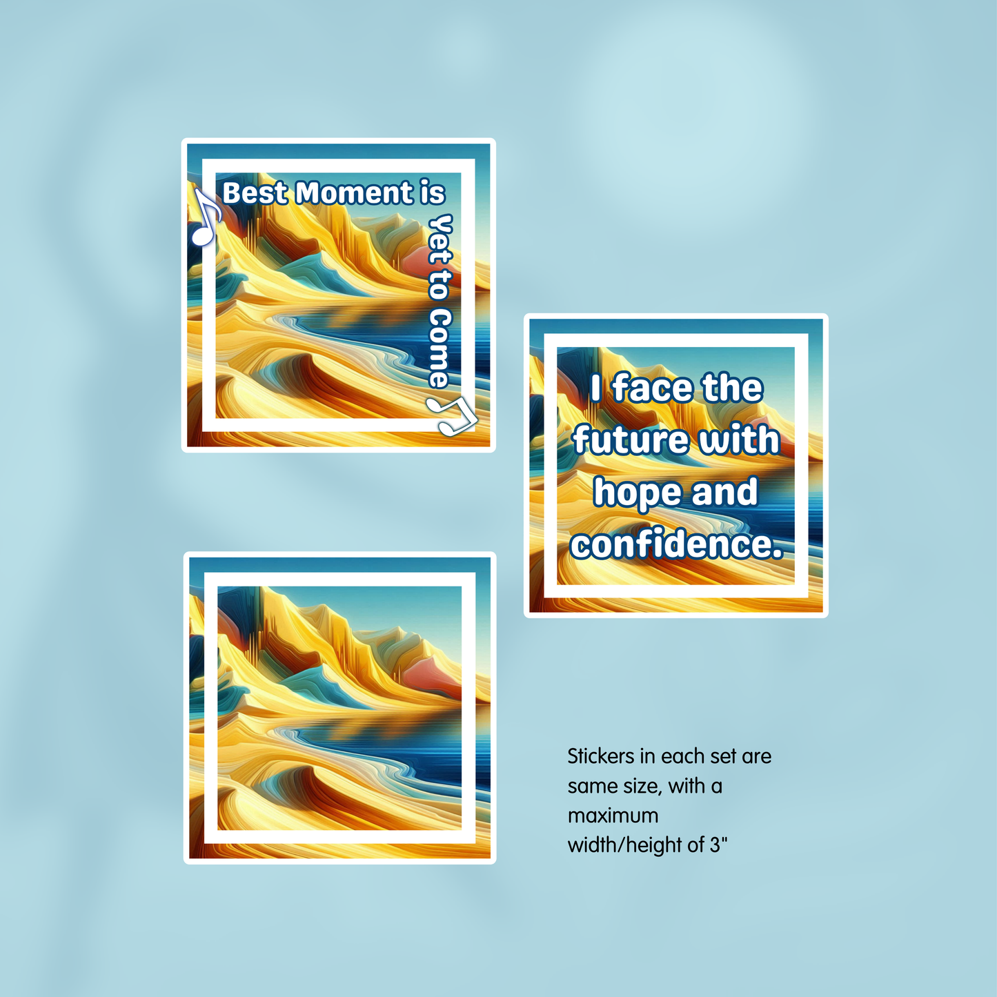Three motivational stickers with abstract designs and text on a light blue background. - 2026 Affirmation Sticker Sets - BTS-discography inspired