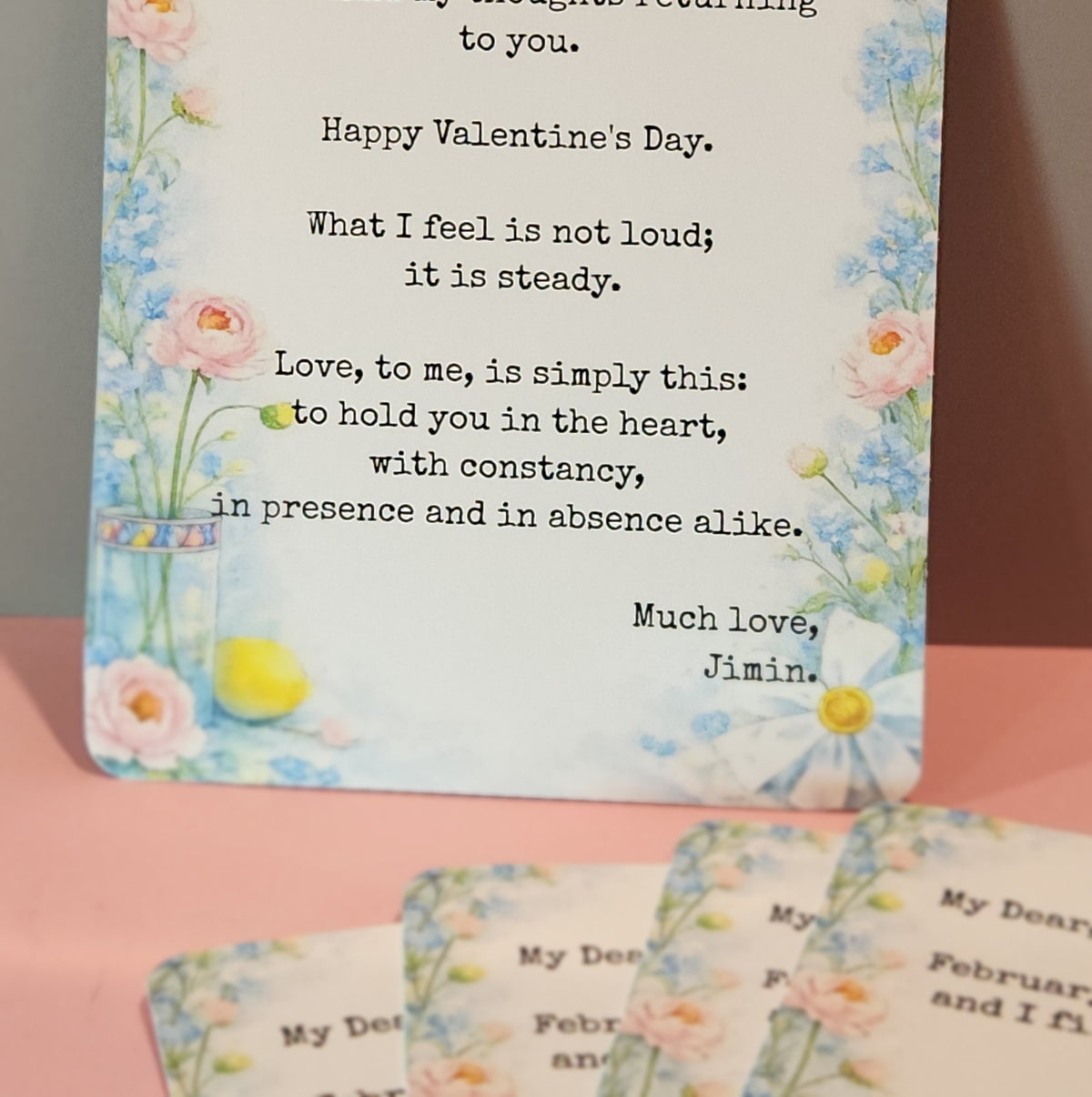 Valentine's Day card with floral design and romantic text on a pink background - BTS Jimin Valentine postcard replica from vogue and dior promotions with floral design inspired by cover photos
