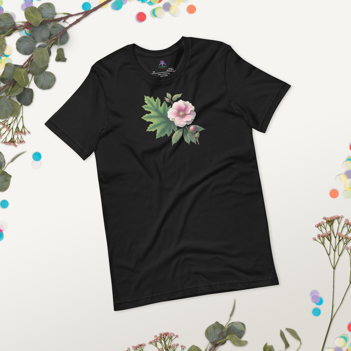 - mugunghwa and oak leaf botanical design - black short sleeve tshirt