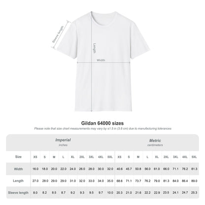 White t-shirt with size chart measurements on a white background