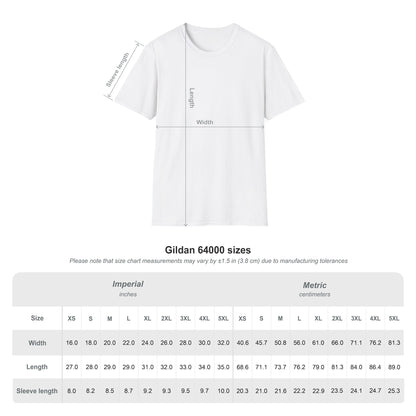 White t-shirt with size chart measurements on a white background