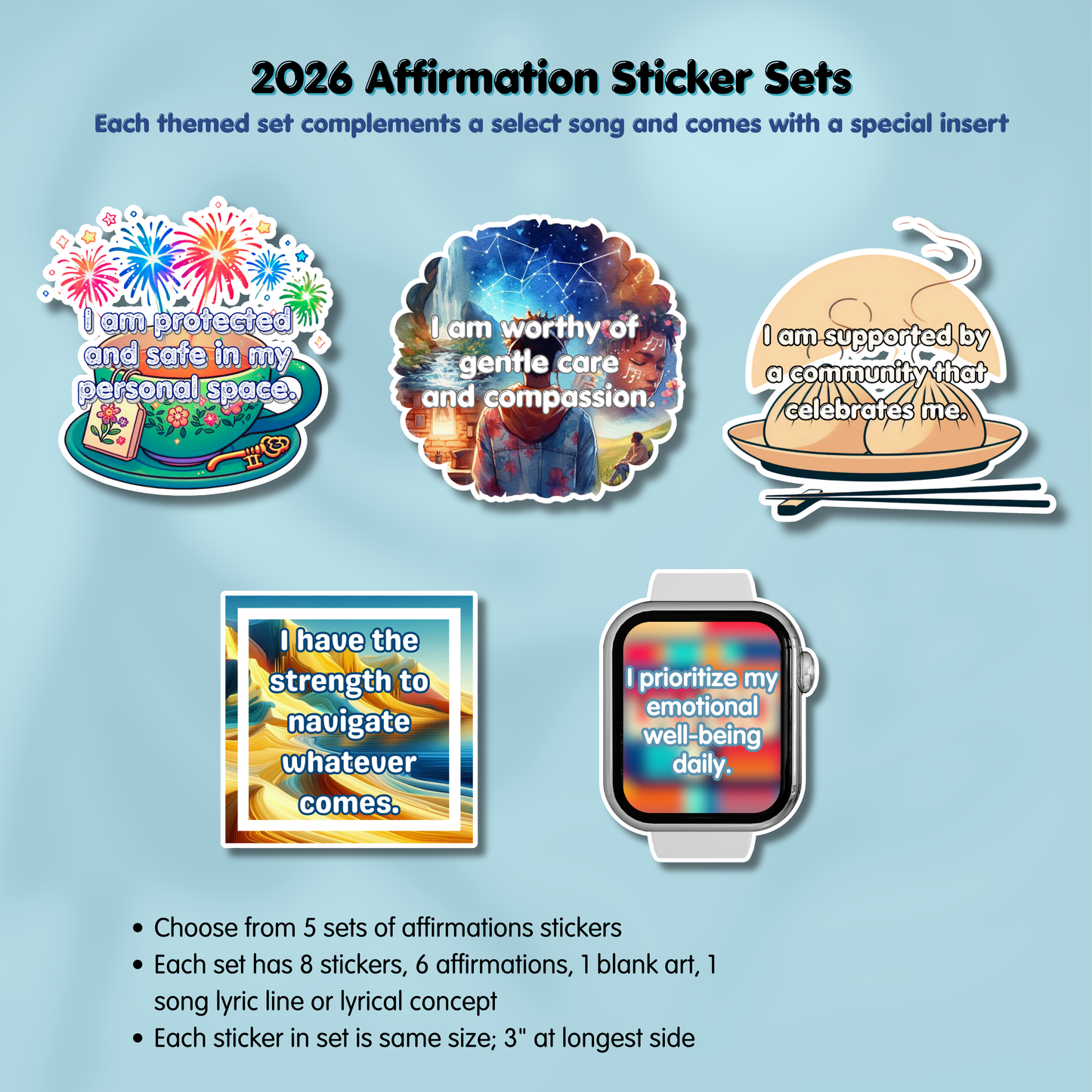 Promotional image of affirmation sticker sets with motivational messages on a light blue background. - 2026 Affirmation Sticker Sets - BTS-discography inspired