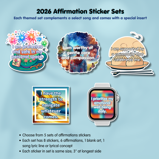 Promotional image of affirmation sticker sets with motivational messages on a light blue background. - 2026 Affirmation Sticker Sets - BTS-discography inspired