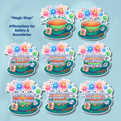 Colorful tea cup and saucer affirmations with motivational phrases on a blue background - 2026 Affirmation Sticker Sets - BTS-discography inspired