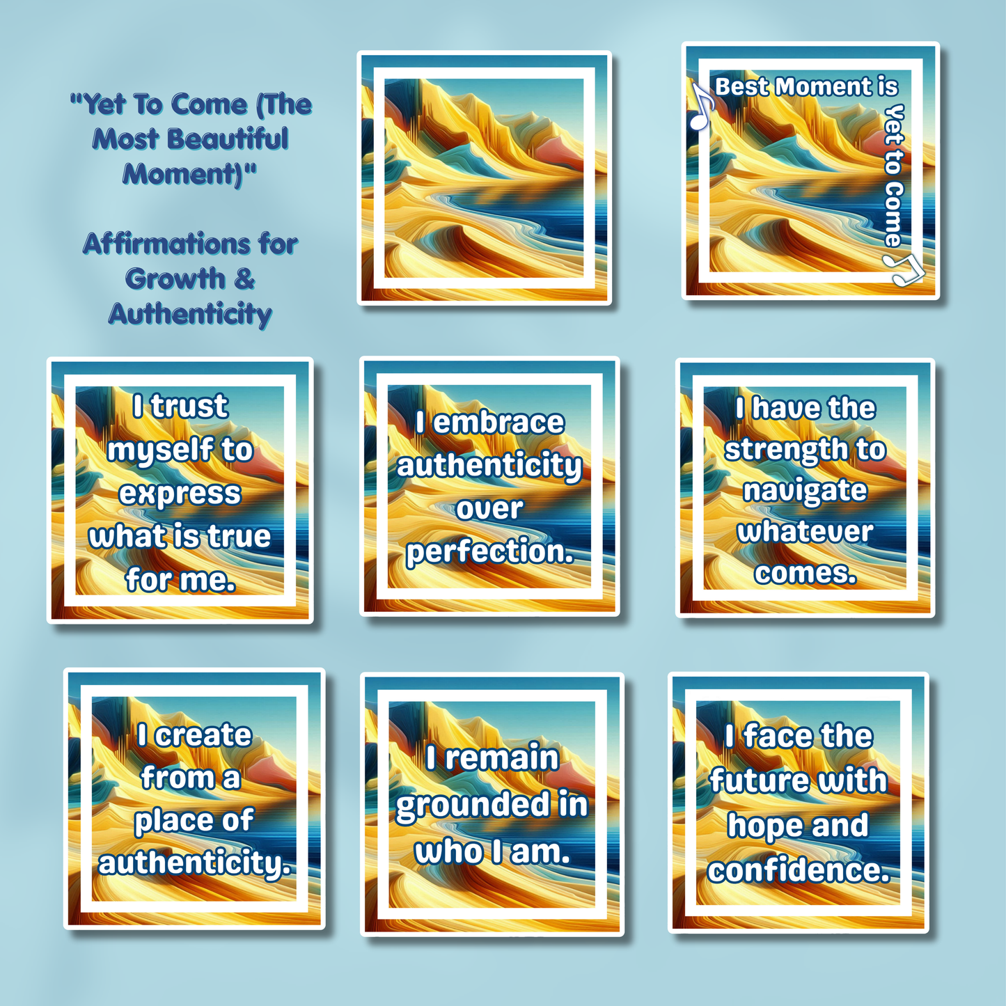 Set of affirmation cards with colorful abstract designs and motivational text on a blue background. - 2026 Affirmation Sticker Sets - BTS-discography inspired