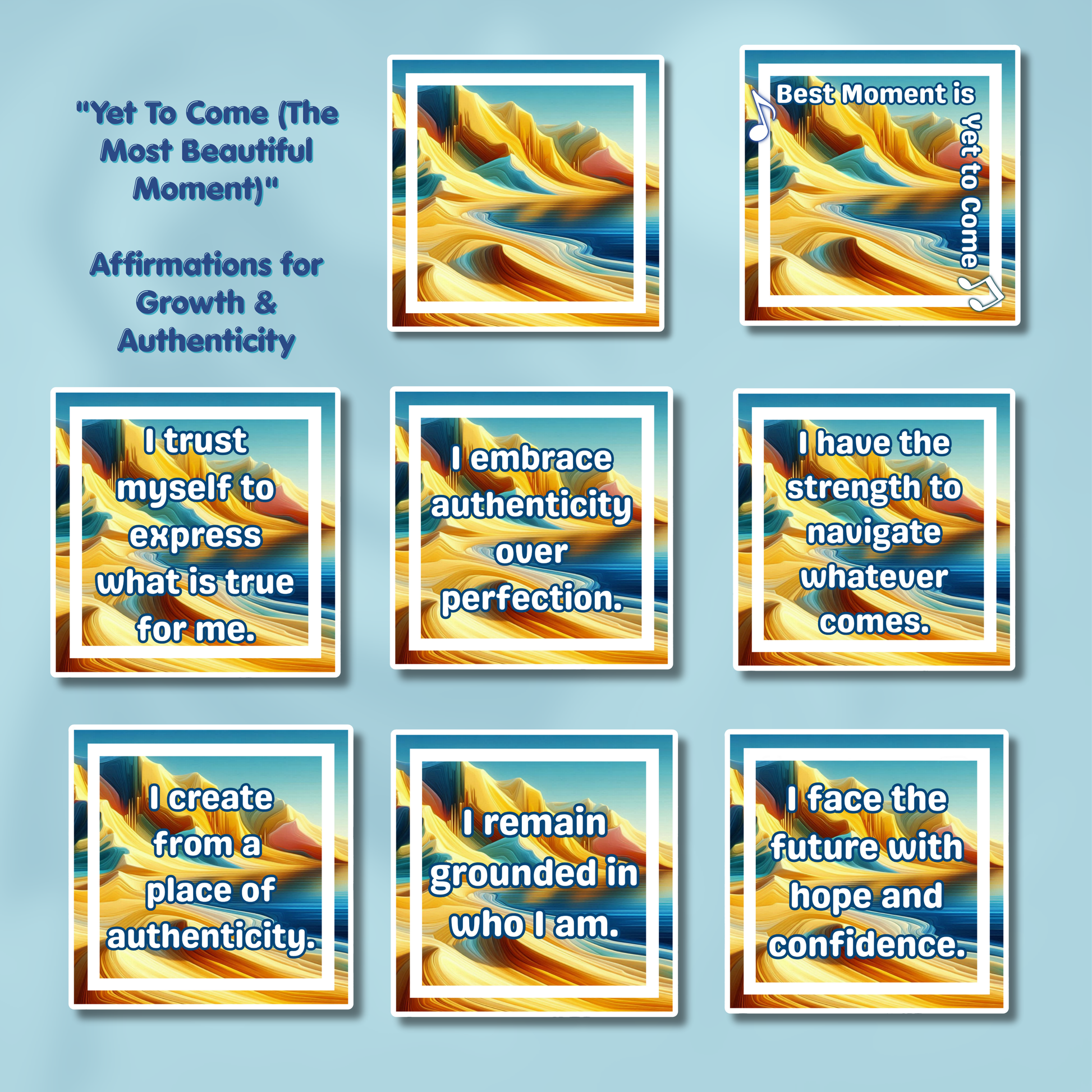 Set of affirmation cards with colorful abstract designs and motivational text on a blue background. - 2026 Affirmation Sticker Sets - BTS-discography inspired