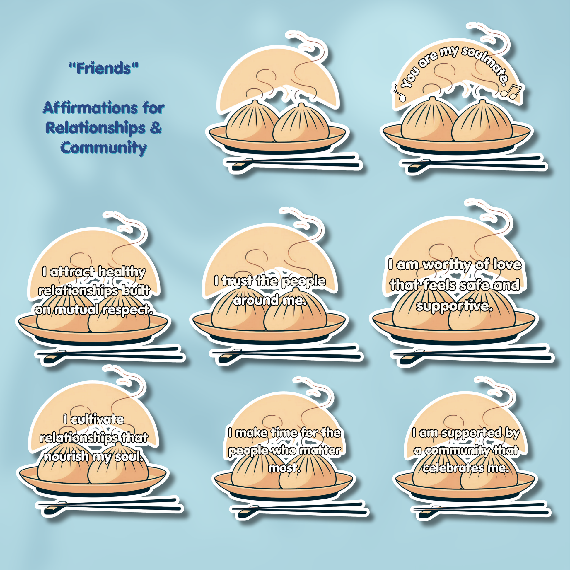 Set of eight illustrated dumplings with affirmations on a light blue background - 2026 Affirmation Sticker Sets - BTS-discography inspired