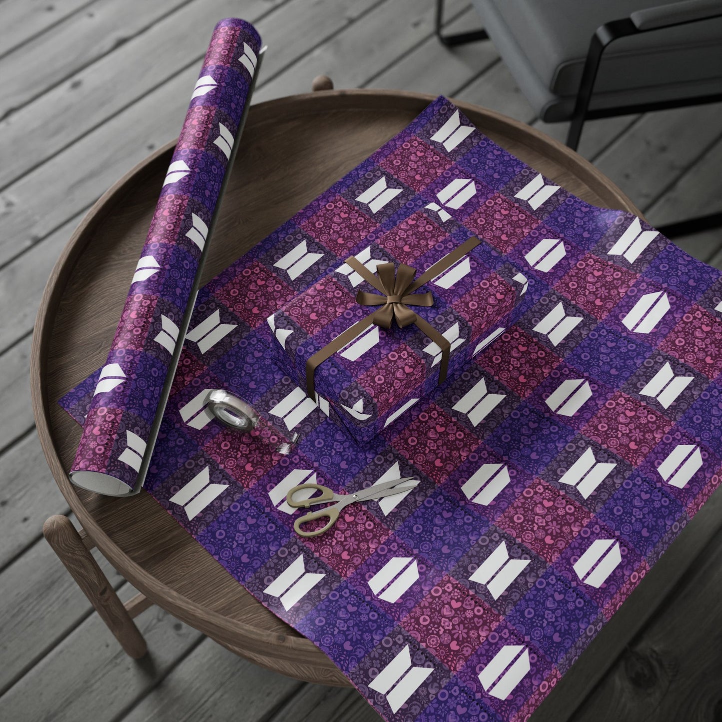 Wrapping Paper Roll (All-Occasions): BTS / Army Quilt - Purple Icons, Flowers, Hearts