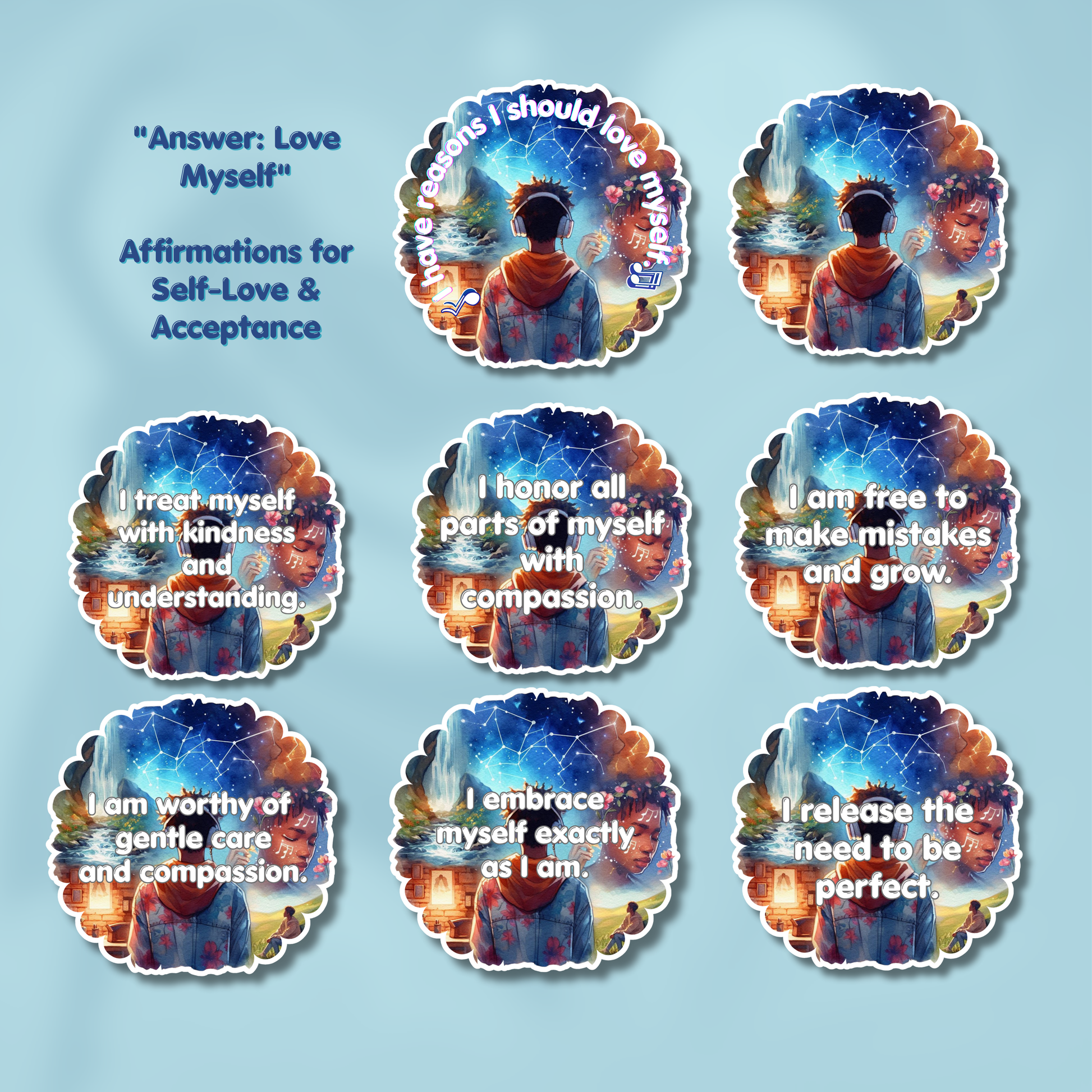 Set of affirmations for self-love and acceptance on a blue background - 2026 Affirmation Sticker Sets - BTS-discography inspired