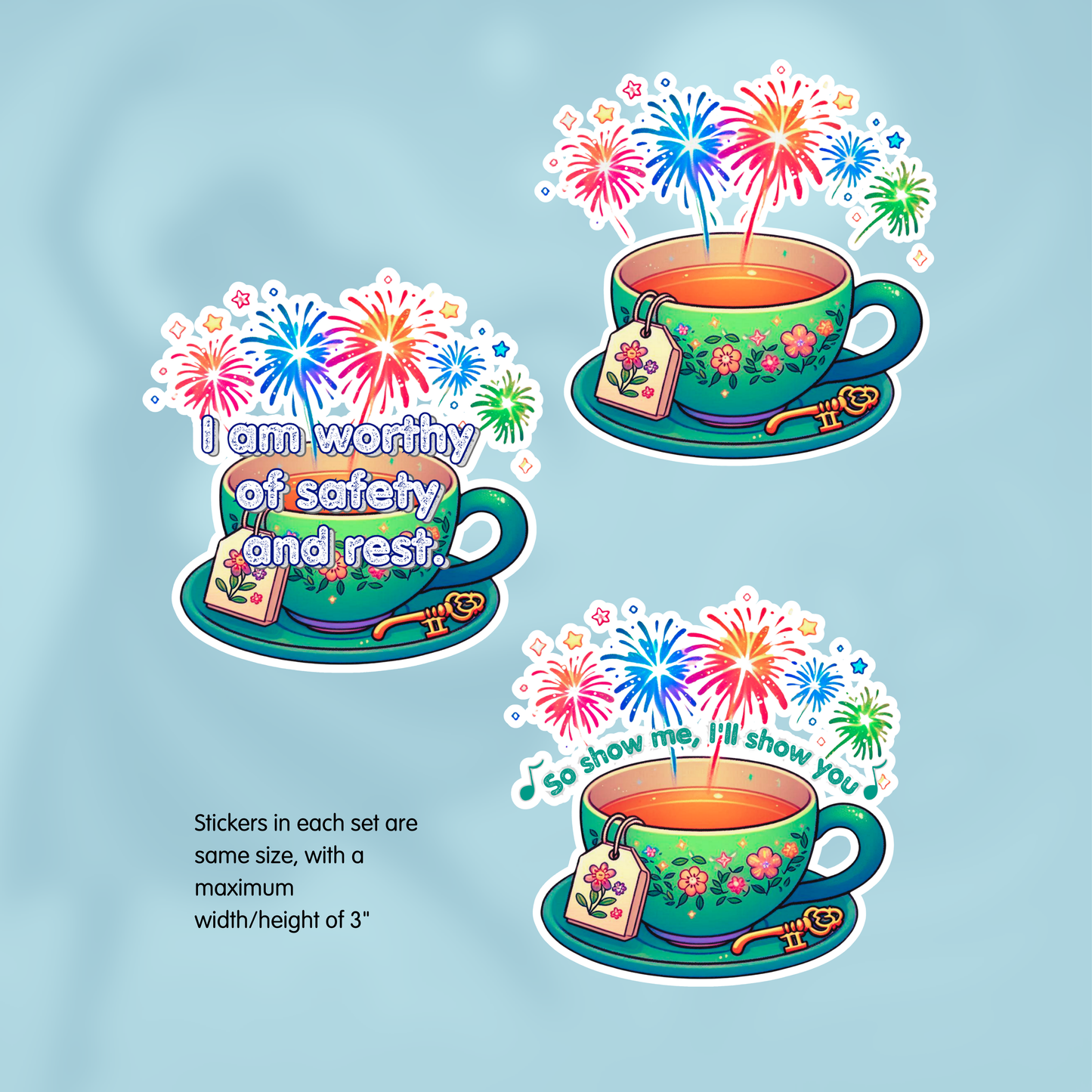 Set of three colorful stickers with teacups and fireworks on a light blue background. - 2026 Affirmation Sticker Sets - BTS-discography inspired
