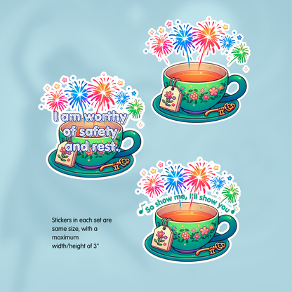 Set of three colorful stickers with teacups and fireworks on a light blue background. - 2026 Affirmation Sticker Sets - BTS-discography inspired