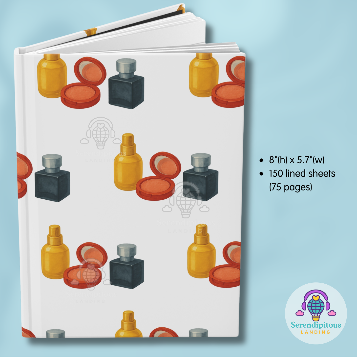 Makeup Pattern Hardcover Journal — Cosmetic Bottle & Compact Notebook for Beauty Lovers | BTS Maknae Beauty Line