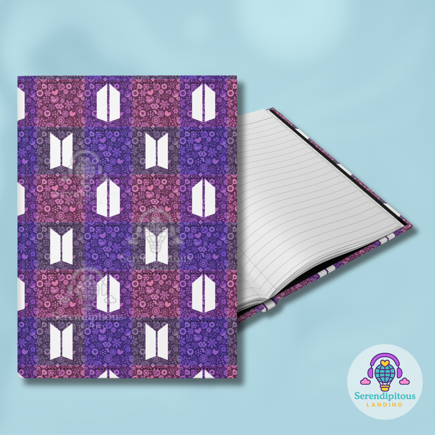 BTS / Army Quilt Hardcover Journal — Lined Notebook - Purple Icons, Flowers, Hearts