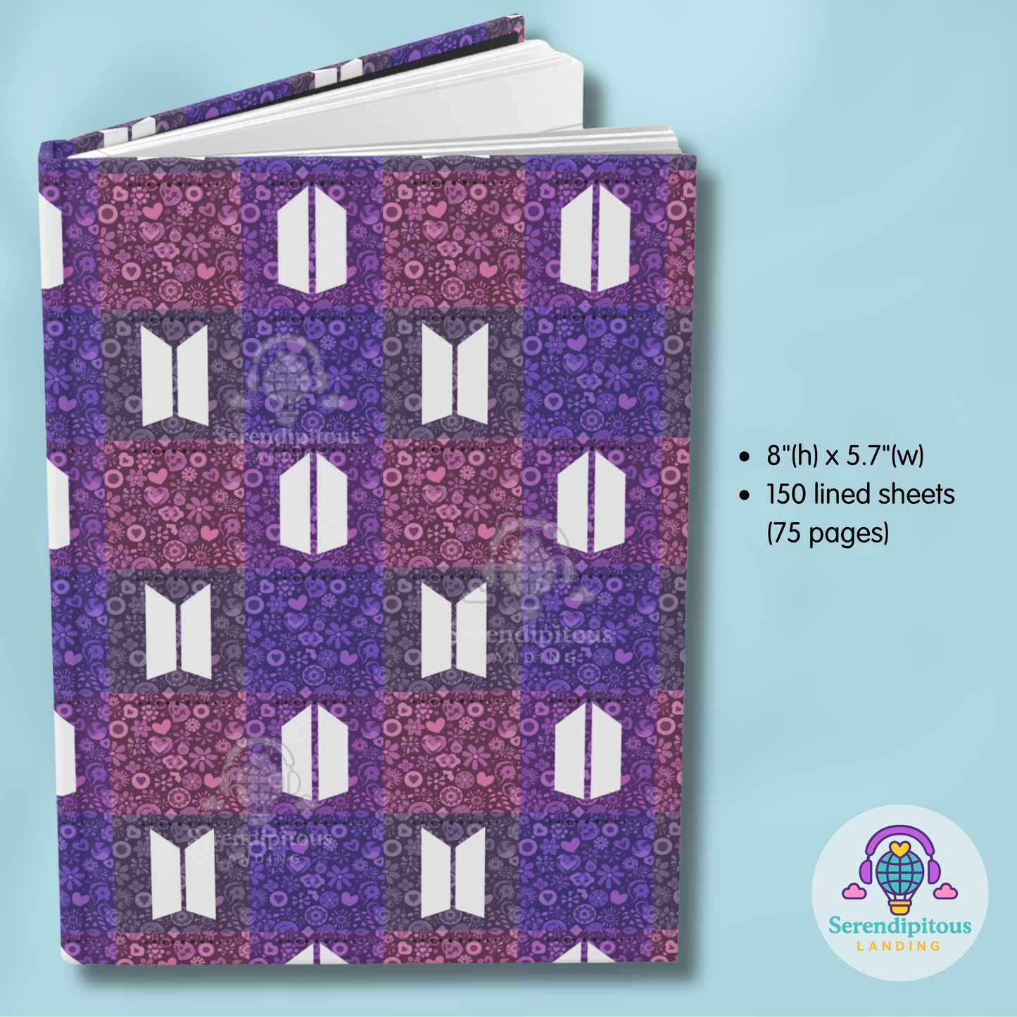 BTS / Army Quilt Hardcover Journal — Lined Notebook - Purple Icons, Flowers, Hearts