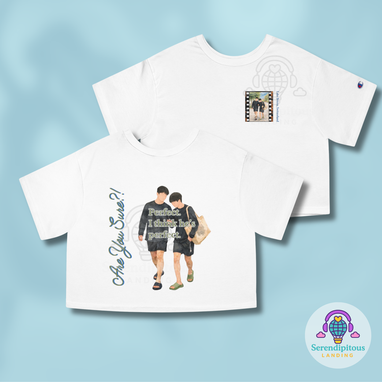 White t-shirt with printed design and text on a light blue background - Perfect in AYS2 Women's Cropped T-Shirt, Jimin, Jungkook, Jikook, Kookmin, Are You Sure?! Season 2