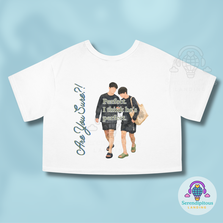 White t-shirt with graphic design and text on a light blue background - Perfect in AYS2 Women's Cropped T-Shirt, Jimin, Jungkook, Jikook, Kookmin, Are You Sure?! Season 2
