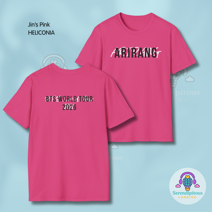 Pink t-shirt with 'AIRIANG' text on front and 'BTS WORLD TOUR 2026' on back, on a light blue background.  - Bangtan 2026 Unofficial Shirt [Bias Arirang Color Vinyl Edition], OT7 - Jin, Pink, Seokjin