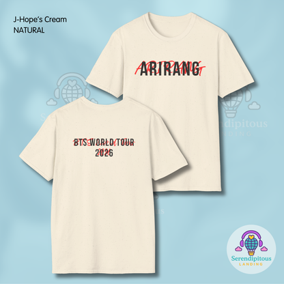 Two cream-colored t-shirts with 'BTS' text on a light blue background -  - Bangtan 2026 Unofficial Shirt [Bias Arirang Color Vinyl Edition], OT7, J-Hope, Hoseok, Hobi, cream