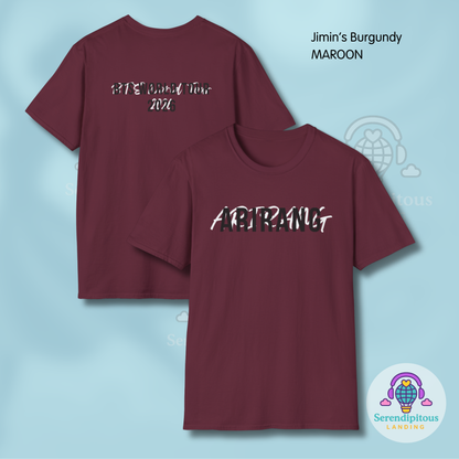 Two maroon t-shirts with text on a light blue background, featuring the brand 'Serendipitous Landing'.  - Bangtan 2026 Unofficial Shirt [Bias Arirang Color Vinyl Edition], OT7 - Jimin, Burgundy