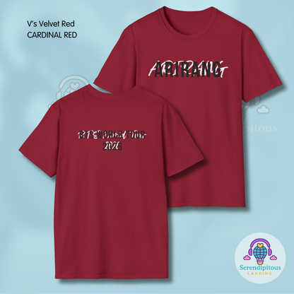 Red t-shirt with 'ARIRANG' and 'BTS WORLD TOUR 2026' text on a light blue background - Bangtan 2026 Unofficial Shirt [Bias Arirang Color Vinyl Edition], OT7 - V Taehyung, Velvet Red