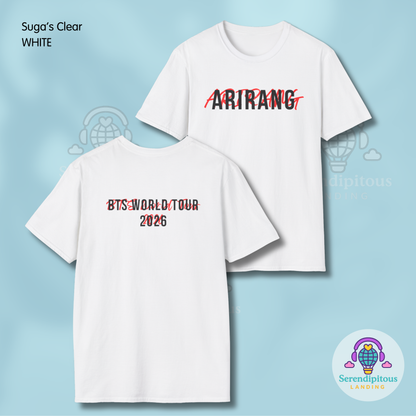 White t-shirt with 'Arirang' and 'BTS World Tour 2026' text on a light blue background -  - Bangtan 2026 Unofficial Shirt [Bias Arirang Color Vinyl Edition], OT7 - white, clear, Suga, Min Yoongi, Agust D