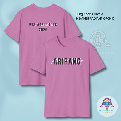 Pink t-shirt with 'ARIRANG' text on a light blue background - Bangtan 2026 Unofficial Shirt [Bias Arirang Color Vinyl Edition], OT7, Jung Kook, JK, orchid