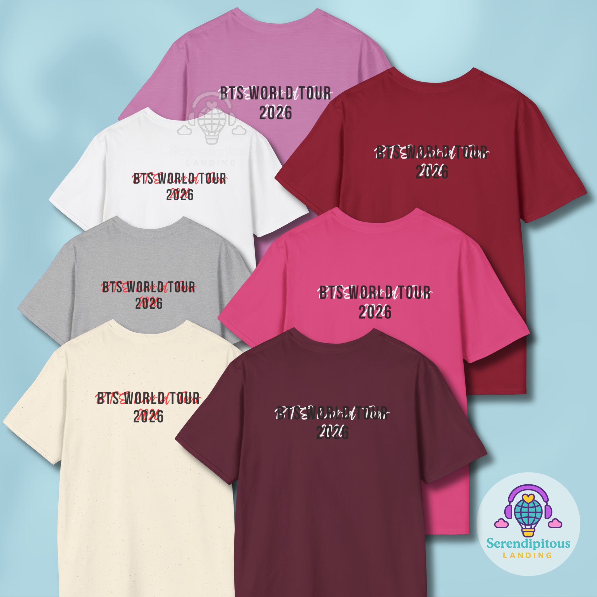 Collection of t-shirts with 'BTS World Tour 2026' text on a blue background, featuring Serendipitous Clothing logo. -  - Bangtan 2026 Unofficial Shirt [Bias Arirang Color Vinyl Edition], OT7