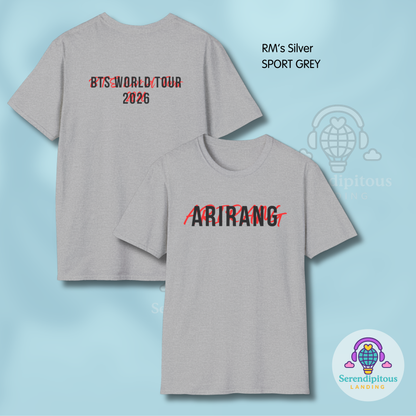 Gray t-shirt with 'ARIRANG' and 'BTS WORLD TOUR 2026' text on a light blue background - Bangtan 2026 Unofficial Shirt [Bias Arirang Color Vinyl Edition], OT7, silver, RM, Rap Monster, Kim Namjoon