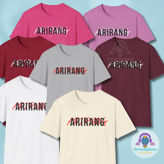 Collection of t-shirts with 'ARIRANG' printed on them, displayed against a light blue background. - Bangtan 2026 Unofficial Shirt [Bias Arirang Color Vinyl Edition], OT7