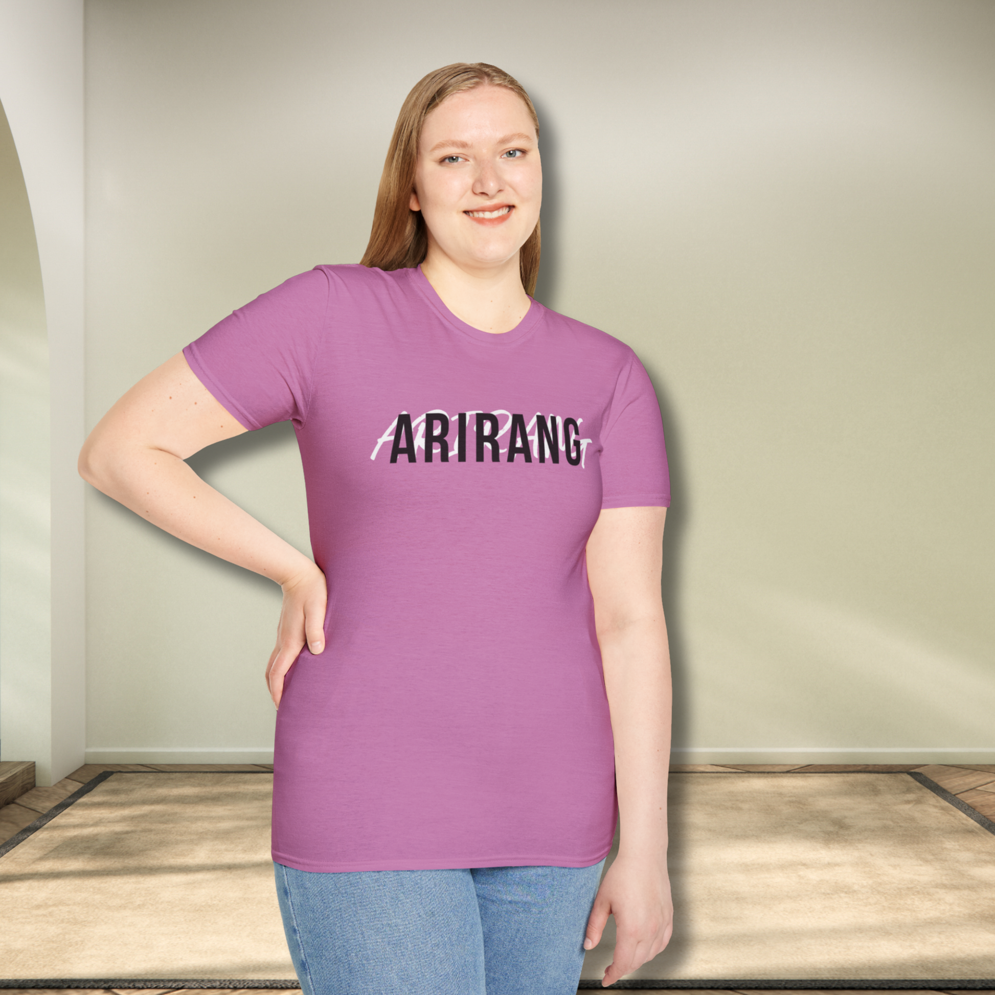 Person wearing a purple t-shirt with 'ARIRANG' text standing indoors. - Bangtan 2026 Unofficial Shirt [Bias Arirang Color Vinyl Edition], OT7 - Jungkook, JK, Orchid