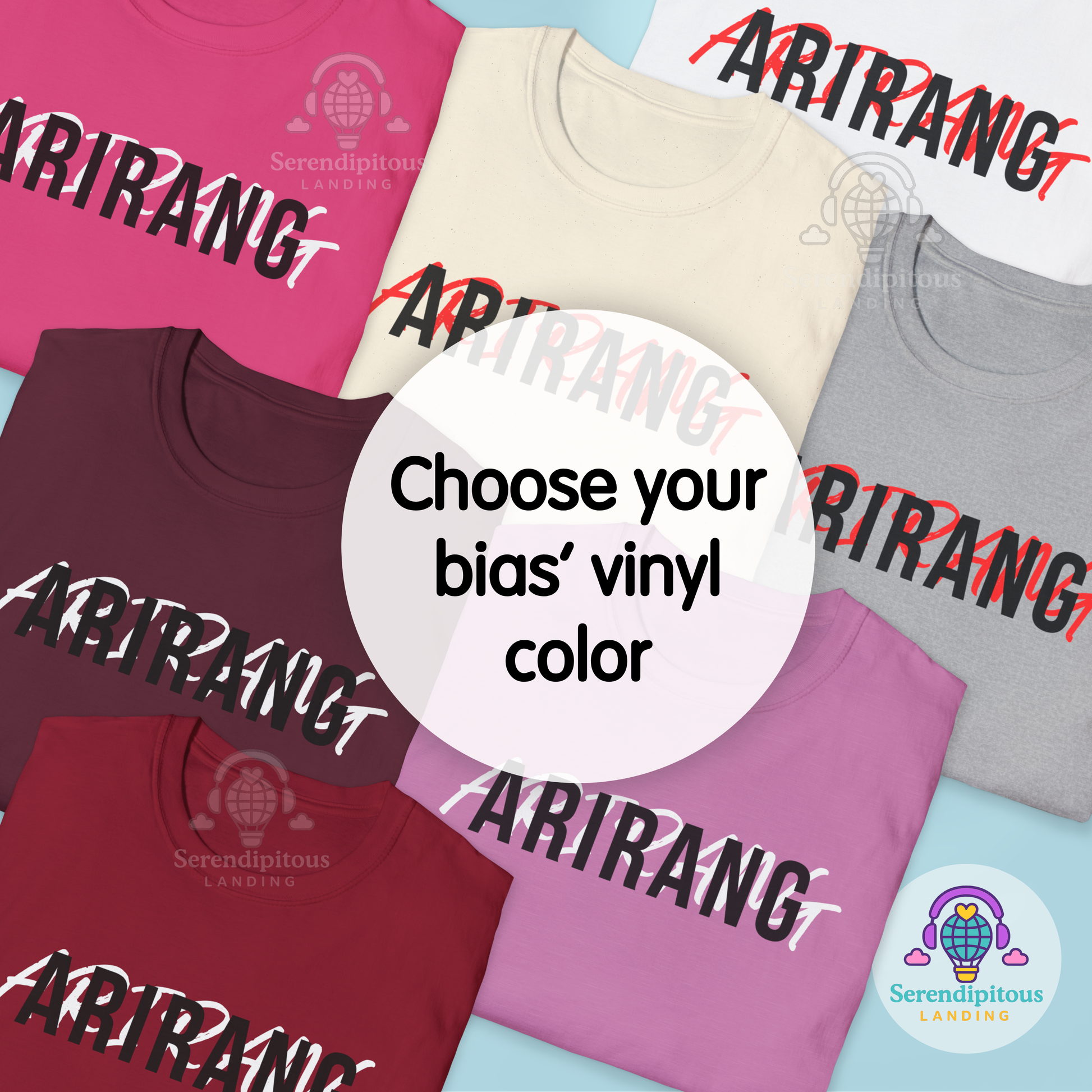 Collection of t-shirts with 'ARIRANG' text in various colors on a light blue background. - Bangtan 2026 Unofficial Shirt [Bias Arirang Color Vinyl Edition], OT7