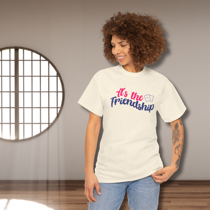 It's the friendship with polaroid image - short sleeve shirt, cream color, Jimin, Jungkook, Jikook, Minimoni, RM; woman wearing the shirt in an empty room with a circular gridded window with light beams coming through on her left