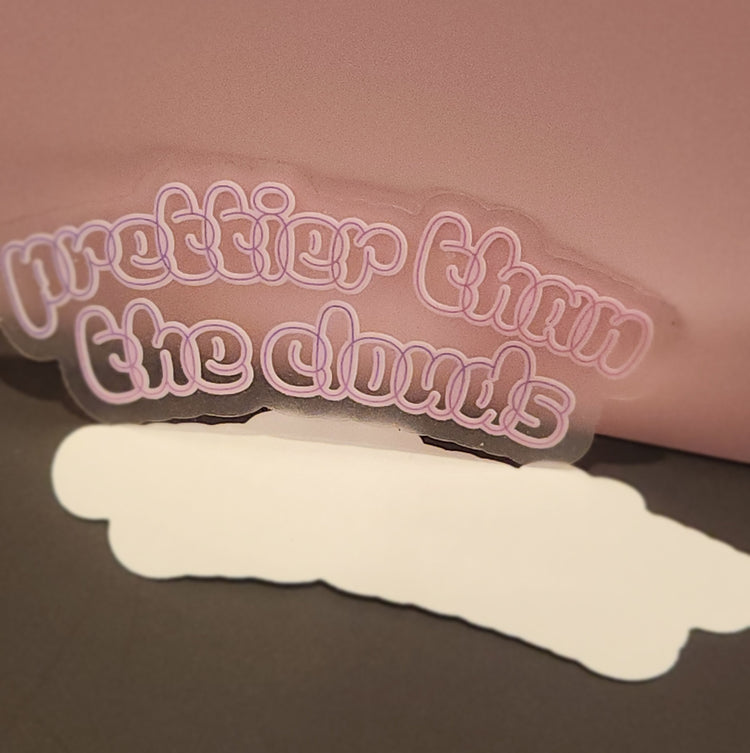 Transparent sticker with 'prettier than the clouds' text on a pink background - Prettier Than The Clouds Clear Sticker, Jimin, Jungkook, Jikook, Are You Sure?! Season 1
