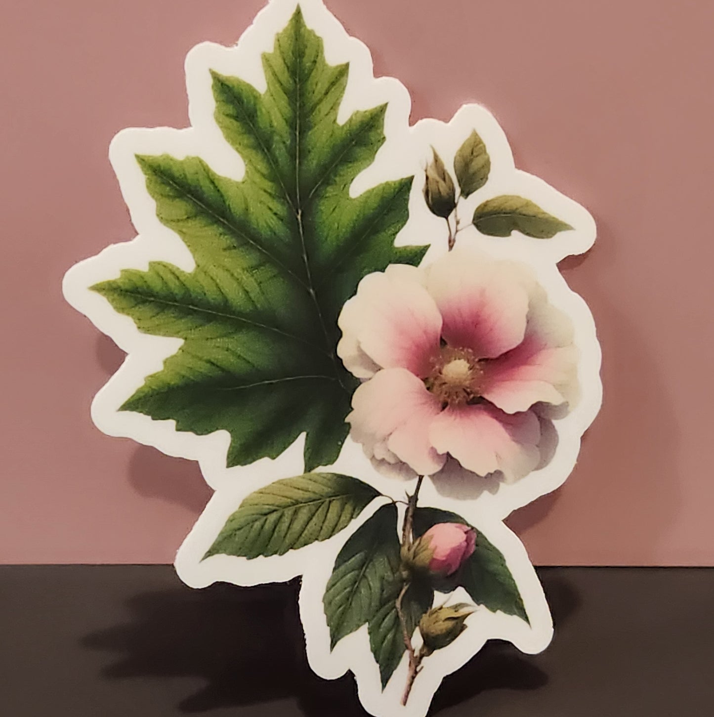 Decorative sticker with a pink flower and green leaves on a pink background - mugunghwa and oak leaf botanical design - 4 diecut designs