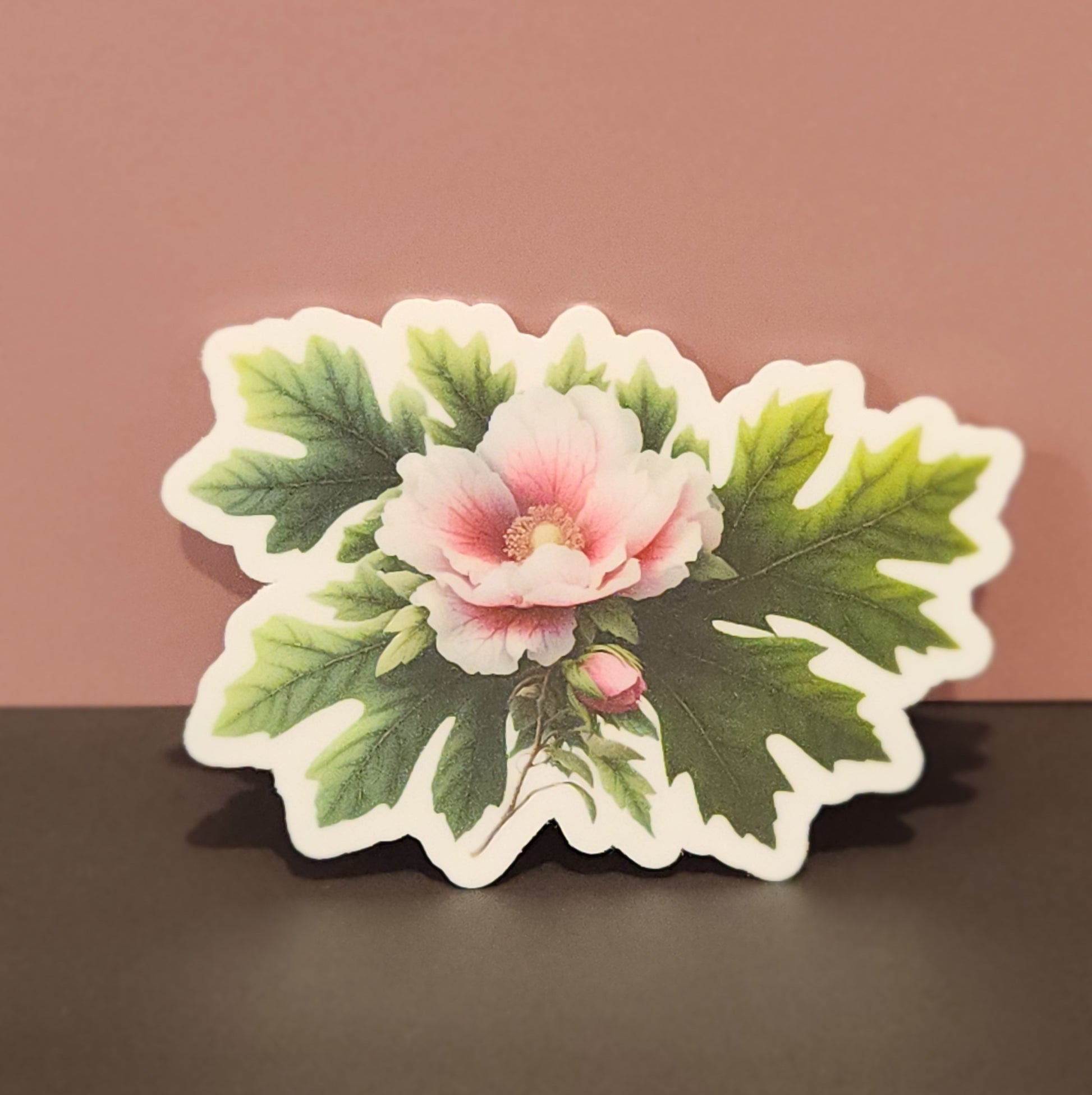 Floral design with pink flower and green leaves on a brown background - mugunghwa and oak leaf botanical design - 4 diecut designs