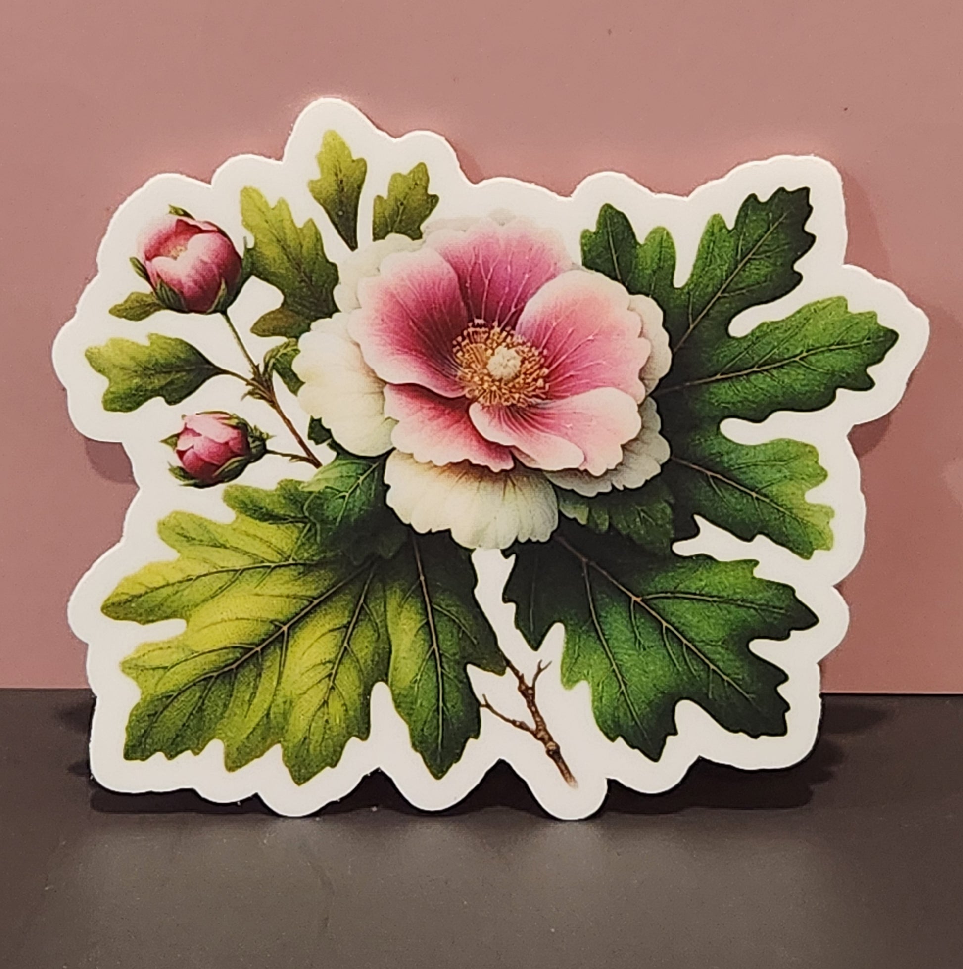 Decorative sticker with a pink flower and green leaves on a pink background - mugunghwa and oak leaf botanical design - 4 diecut designs