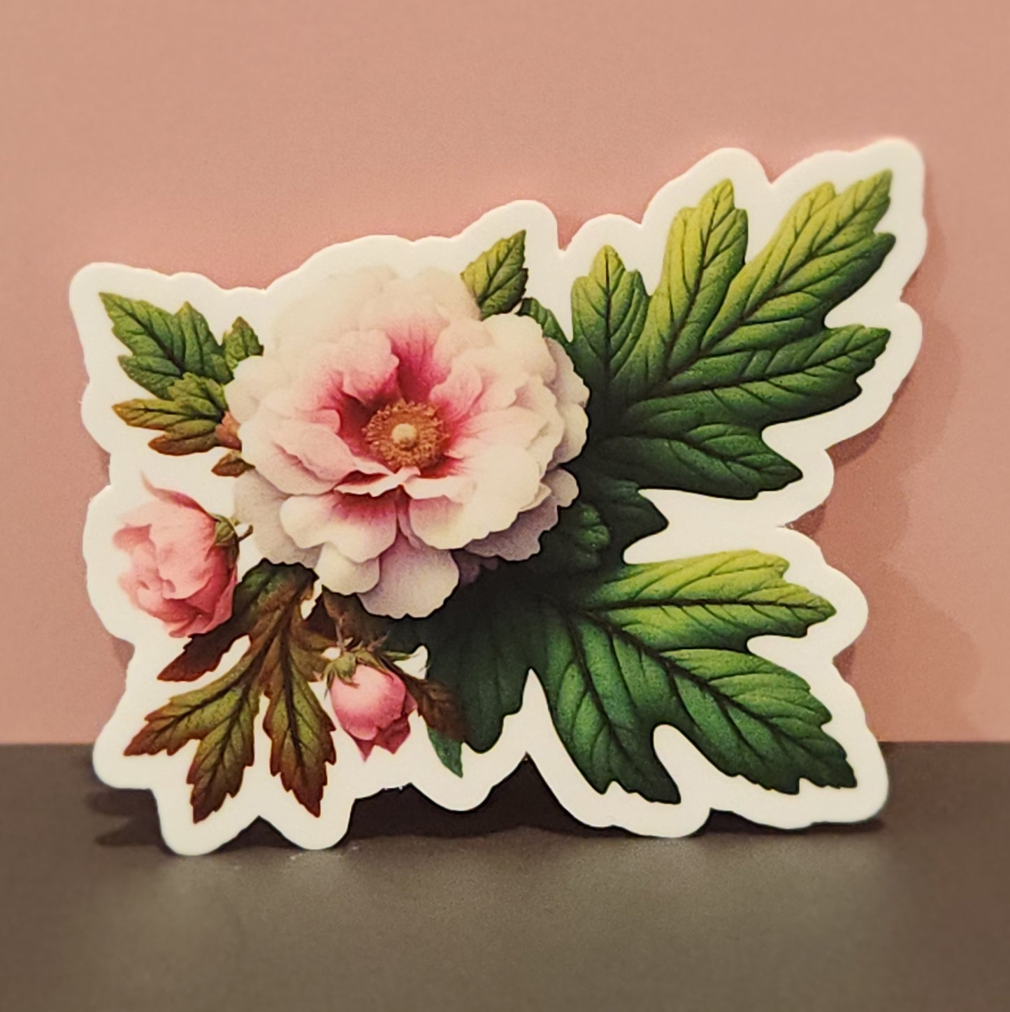 Floral design with pink flowers and green leaves on a plain background - mugunghwa and oak leaf botanical design - 4 diecut designs