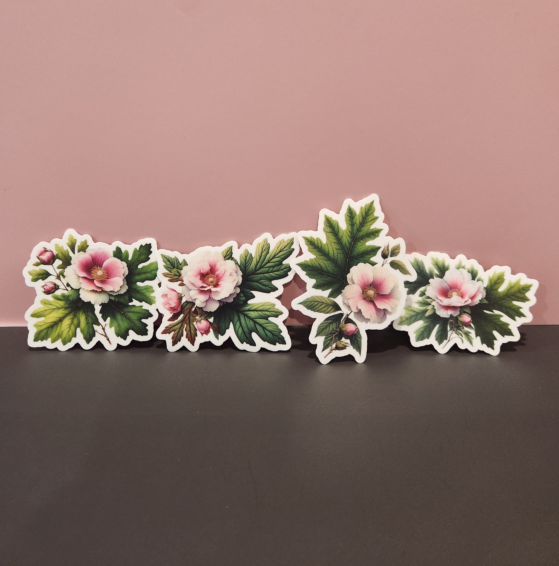 Set of floral stickers on a dark surface with a pink background - mugunghwa and oak leaf botanical design - 4 diecut designs