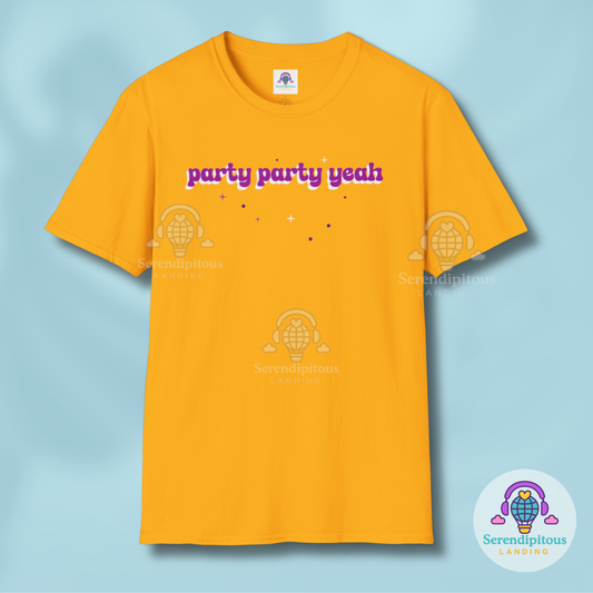 Yellow t-shirt with 'party party yeah' text on a light blue background - Party Party Yeah T-Shirt | Retro Aesthetic K-Pop Meme Shirt, Jungkook