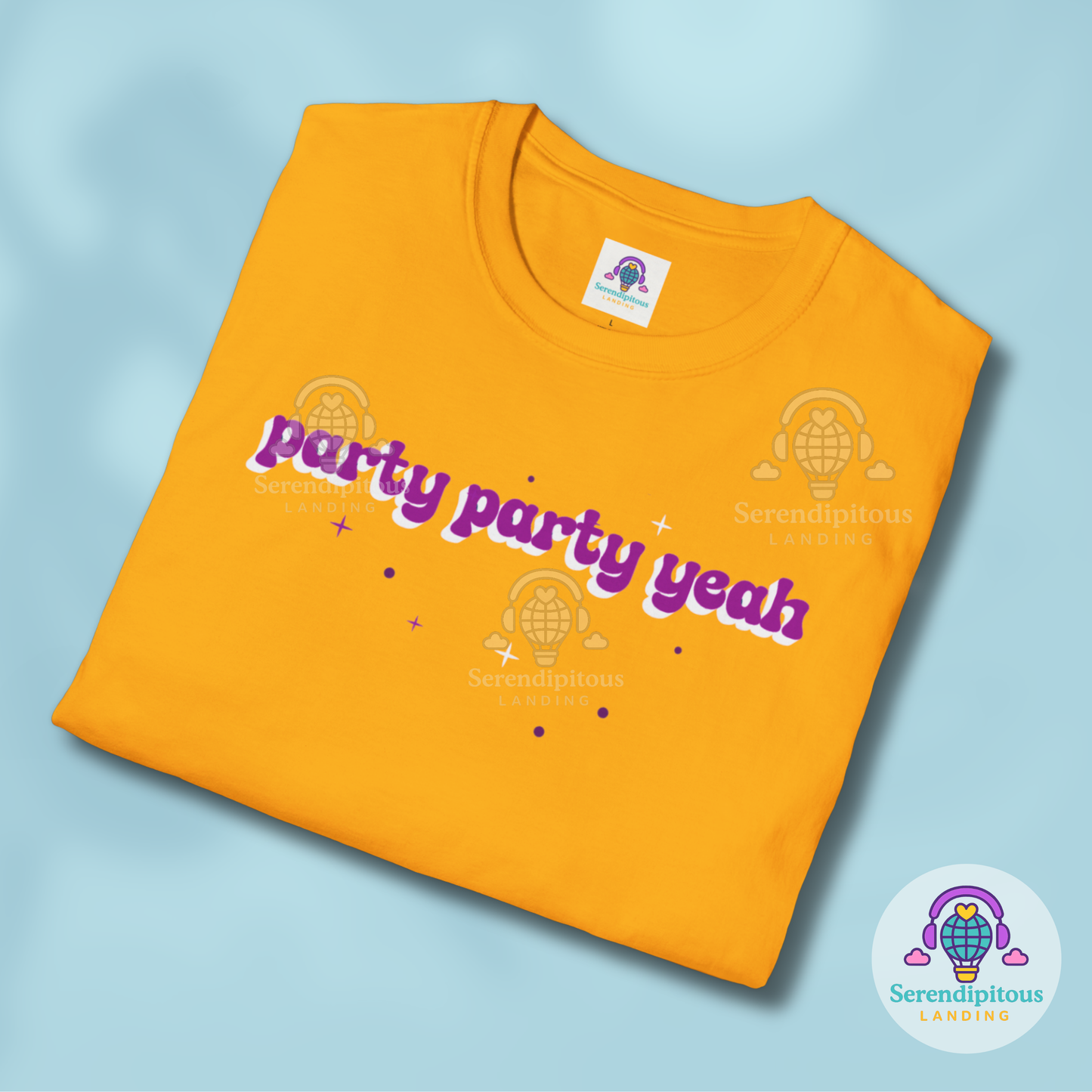 Yellow t-shirt with 'party party yeah' text on a light blue background - Party Party Yeah T-Shirt | Retro Aesthetic K-Pop Meme Shirt, Jungkook