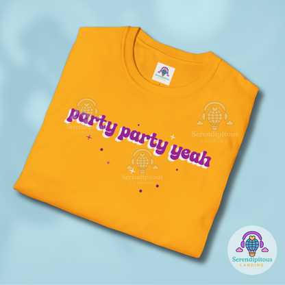 Yellow t-shirt with 'party party yeah' text on a light blue background - Party Party Yeah T-Shirt | Retro Aesthetic K-Pop Meme Shirt, Jungkook