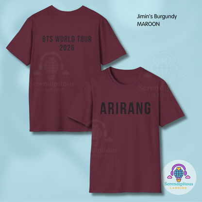 Maroon t-shirt with 'BTS World Tour 2026' text on front and back, on a light blue background. - Bangtan Tour 2026 Unofficial Shirt [Bias Arirang Color Vinyl Edition, Simple Text] - Jimin, Burgundy
