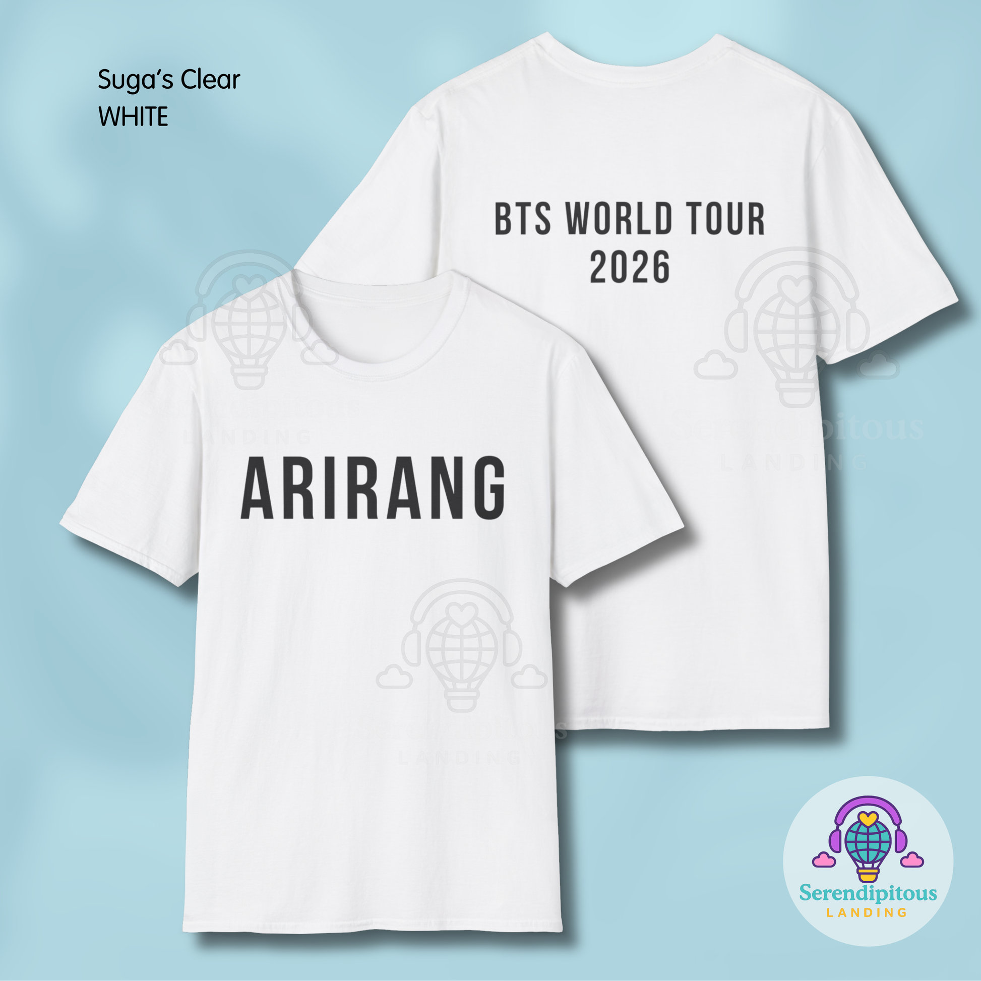 White t-shirt with 'BTS World Tour 2026' and 'ARIRANG' text on a light blue background - Bangtan Tour 2026 Unofficial Shirt [Bias Arirang Color Vinyl Edition, Simple Text]