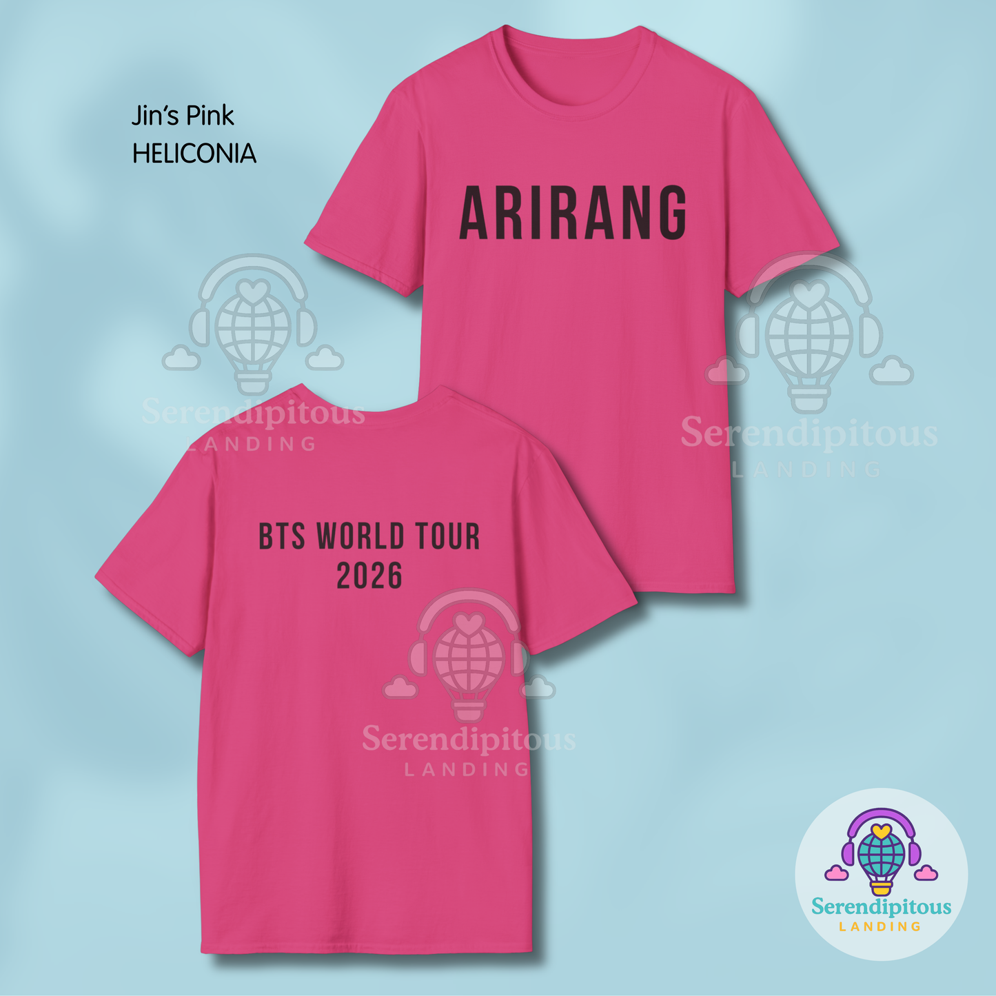 Pink t-shirt with 'ARIRANG' and 'BTS WORLD TOUR 2026' text on a light blue background. - Bangtan Tour 2026 Unofficial Shirt [Bias Arirang Color Vinyl Edition, Simple Text] - Jin, Seokjin, Pink