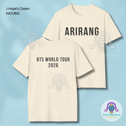 Two cream-colored t-shirts with 'ARIRANG' and 'BTS WORLD TOUR 2026' text on a light blue background. - Bangtan Tour 2026 Unofficial Shirt [Bias Arirang Color Vinyl Edition, Simple Text] - J-Hope, Hobi, Hoseok, Cream
