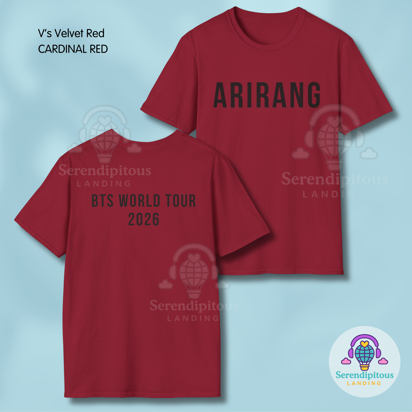 Red t-shirt with 'ARIRANG' and 'BTS WORLD TOUR 2026' text on a light blue background - Bangtan Tour 2026 Unofficial Shirt [Bias Arirang Color Vinyl Edition, Simple Text] - V, Taehyung, Velvet Red