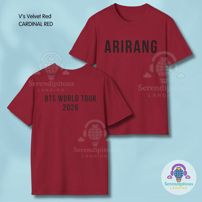 Red t-shirt with 'ARIRANG' and 'BTS WORLD TOUR 2026' text on a light blue background - Bangtan Tour 2026 Unofficial Shirt [Bias Arirang Color Vinyl Edition, Simple Text] - V, Taehyung, Velvet Red
