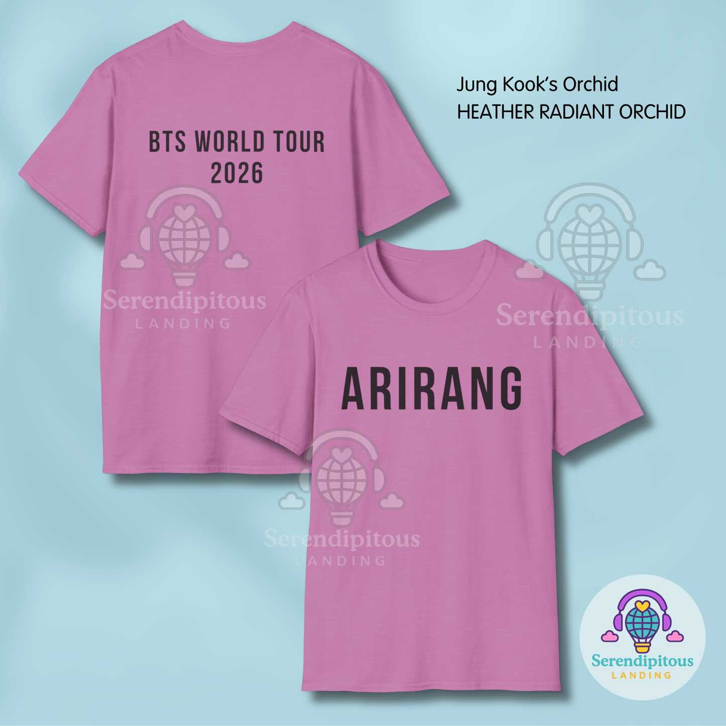 Pink t-shirt with 'BTS World Tour 2026' and 'ARIRANG' text on a light blue background. - Bangtan Tour 2026 Unofficial Shirt [Bias Arirang Color Vinyl Edition, Simple Text]- JK, JungKook, orchid