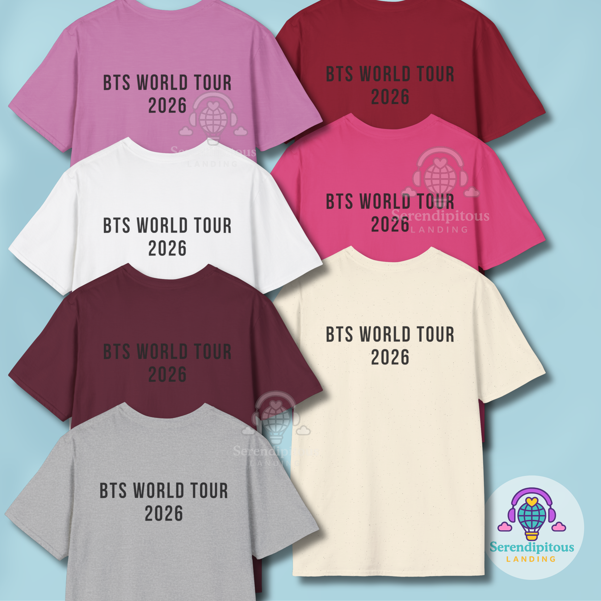 Collection of t-shirts with 'BTS World Tour 2026' text on a light blue background - OT7 - Bangtan Tour 2026 Unofficial Shirt [Bias Arirang Color Vinyl Edition, Simple Text] 