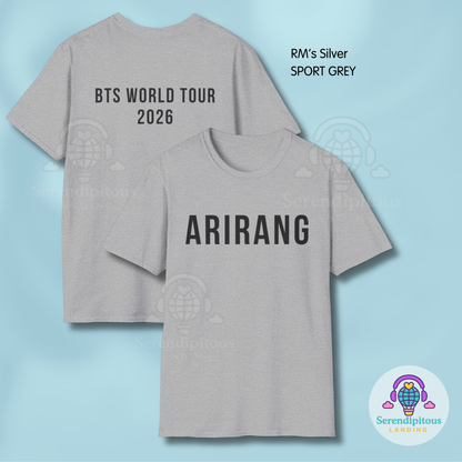 Two gray t-shirts with text on a light blue background - Bangtan Tour 2026 Unofficial Shirt [Bias Arirang Color Vinyl Edition, Simple Text] - RM, Kim Namjoon, Rap Monster, Silver